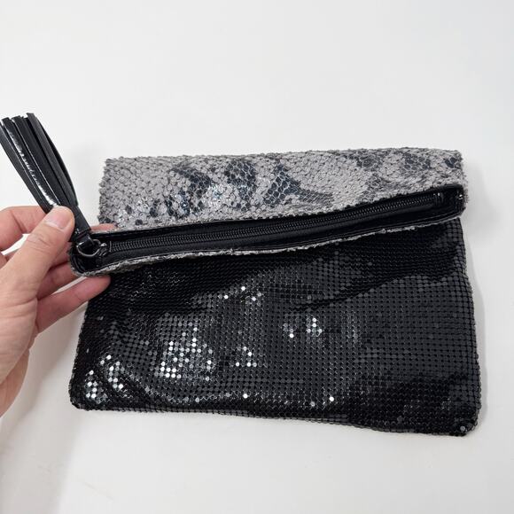 Big Buddha Black Gray Sequin Snake Print Clutch Envelope Purse Bag Tassel Zip - Picture 4 of 9
